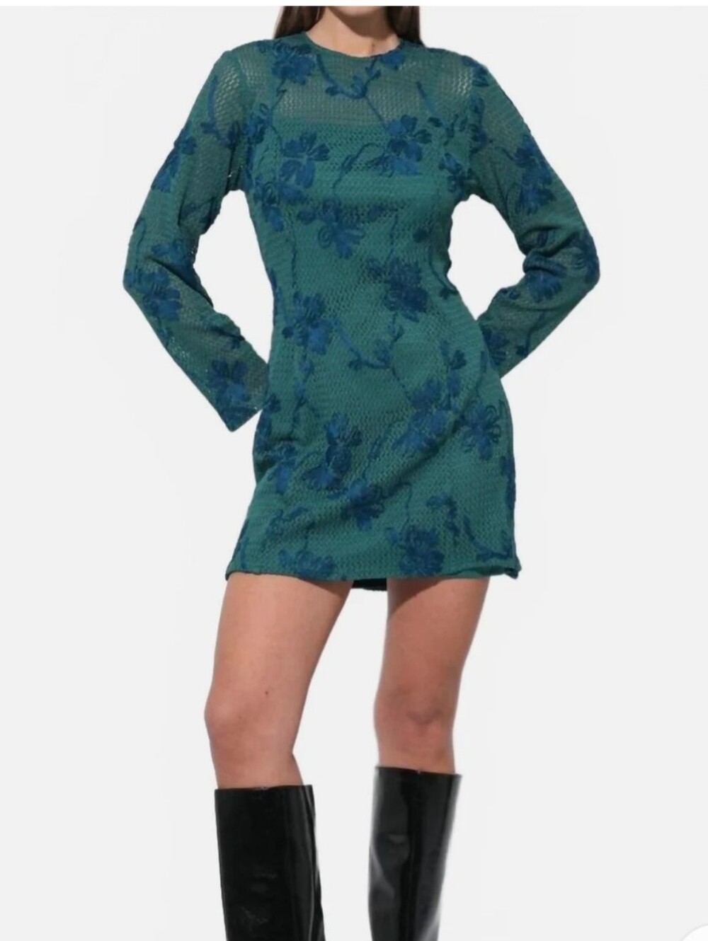 Adelyn Rae lace mini dress in emerald green with Blue Ribbon Embroidery, Size M